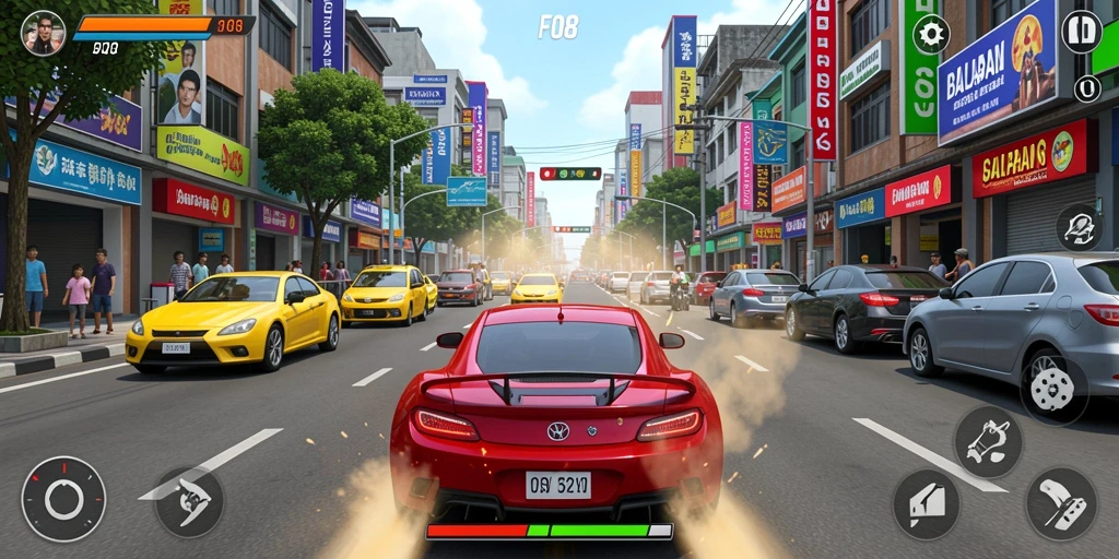 Screenshot F08 menampilkan balapan mendebarkan dengan mobil cepat di jalan raya.