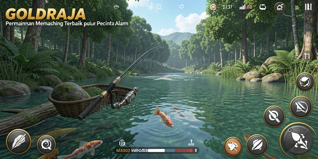 Tampilan gameplay memancing yang menawan dari GOLDRAJA, menampilkan banyak lokasi indah.