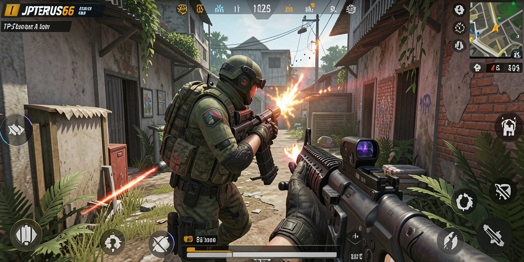 Tampilan seru gameplay JPTERUS66 dengan aksi tembak-menembak.