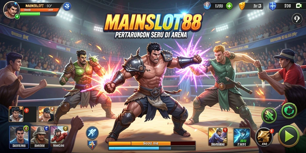 Tampilan gameplay seru di arena dengan karakter bertarung.
