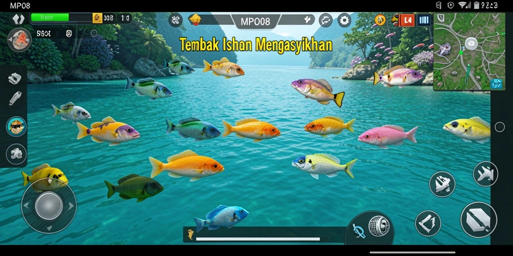 Screenshot dari gameplay seru MPO08 yang menampilkan aksi menangkap ikan.