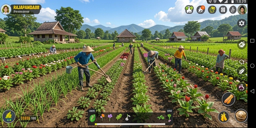 Tampilan menarik dari gameplay pertanian RAJAPANDA88 yang menampilkan kebun yang rimbun.